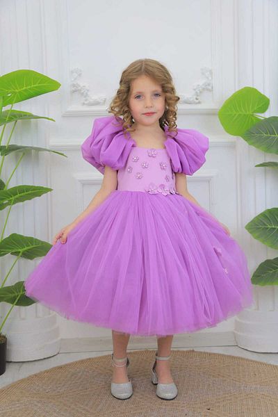 MİSS RAİN Balloon Sleeve and Flower DeTailed Tulle SKirT Girl's Evening Dress