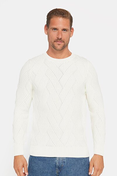 Tudors Erkek Bisiklet Yaka Desenli Yumuşak Dokulu Beyaz Triko Kazak