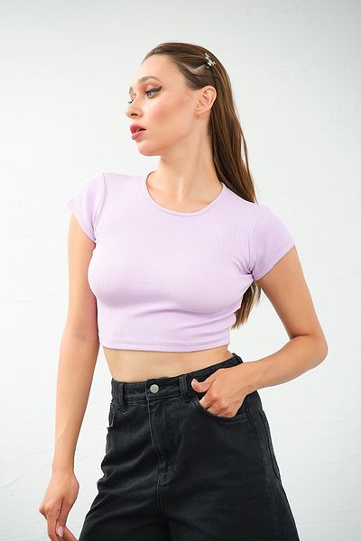 PUNKY CAT Λιλά Γυναικείο Crop Top - Ποδηλατική λαιμόκοψη, Χαμηλή πλάτη, Κοντό μανίκι