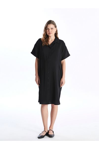 LC Waikiki Übergroßes, schlichtes, kurzärmliges Umstandshemdkleid in Leinenoptik