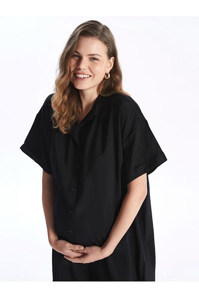 LC Waikiki Übergroßes, schlichtes, kurzärmliges Umstandshemdkleid in Leinenoptik