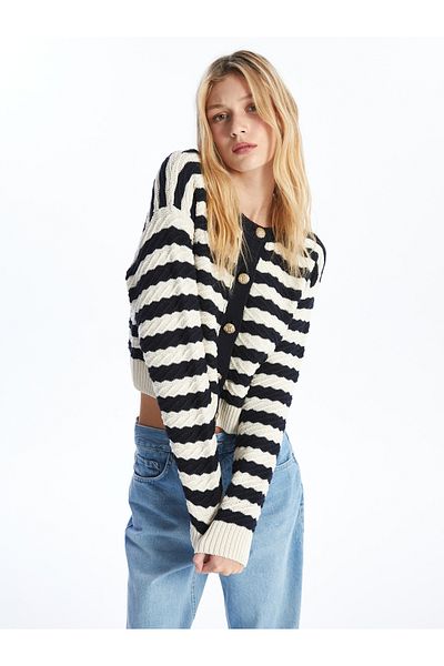 LC Waikiki Striped Crew Neck Long Sleeve Women's Knitwear Cardigan
