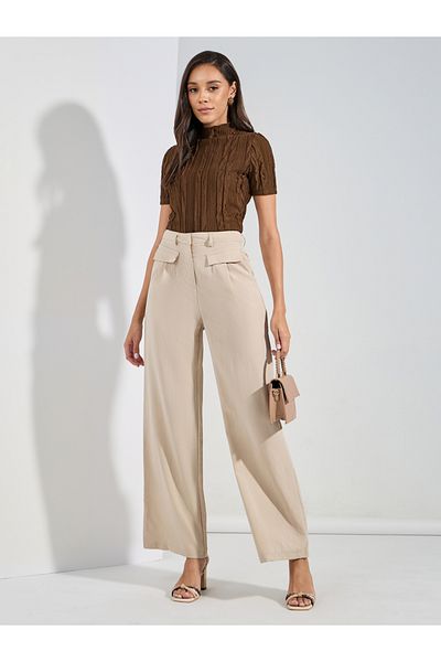 Styli Solid Flap Detail Straight Leg Pants