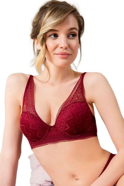 JENSCA Sutien din burete cu model în zig-zag din dantelă bordeaux 3748 - Magic Form