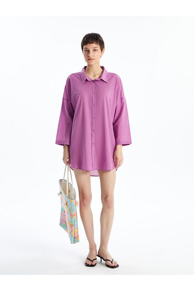LC Waikiki Strandkleid für Damen – Hemdkragen, einfarbig, lange Ärmel