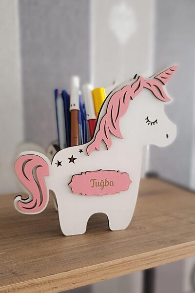 AHŞAP HEDİYENİZ İsme Özel Unicorn At Şekilli Ahşap Kalemlik