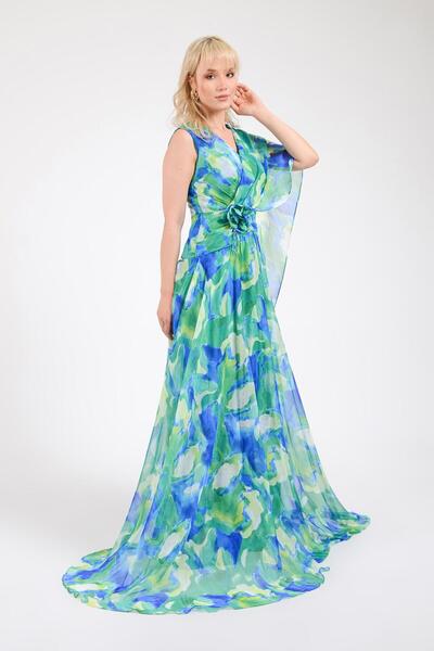 SpringStore Yeşil Çiçek Desenli Pelerinli Abiye Elbise