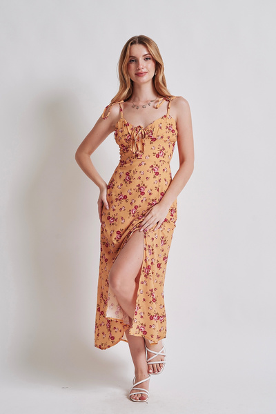 Rabia Çelik Kadın Hardal Çiçekli Omuzları Bağlamalı Yazlık Midi Elbise