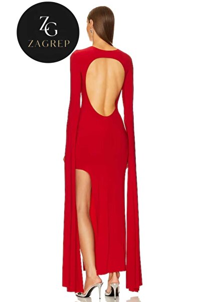 Zagrep Rochie maxi roșie pentru femei - Jersey de mătase cu fante, decolteu deschis la spate, mâneci pelerina și nu arată
