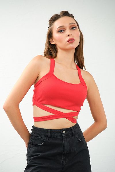 PUNKY CAT Κόκκινο γυναικείο Crop Top Bustier - Σταυρωτό λουράκι και λεπτομέρεια με κορδόνια