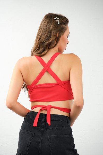 PUNKY CAT Κόκκινο γυναικείο Crop Top Bustier - Σταυρωτό λουράκι και λεπτομέρεια με κορδόνια