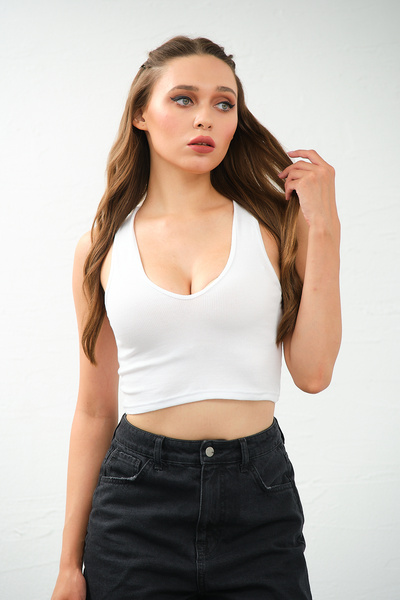 PUNKY CAT White Low-cut Crop Top - Women's Stylish Blouse