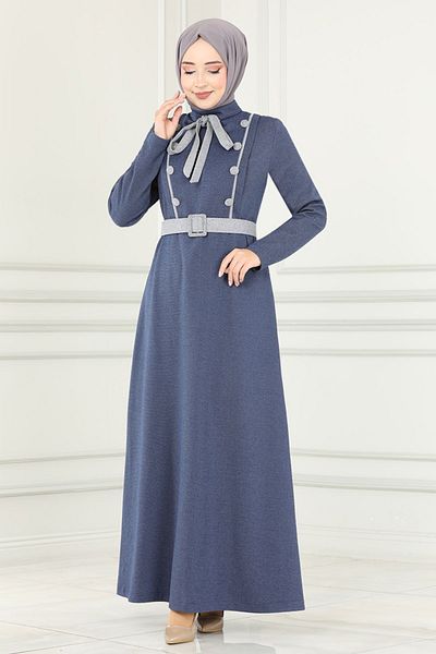 ModaMerve Φόρεμα Indigo Button Detailed - MSL187