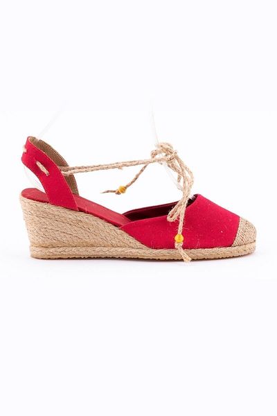 Star Tombis Red Linen Straw Espadrille - Real Handmade, Ankle Lace, Open Heel Padded