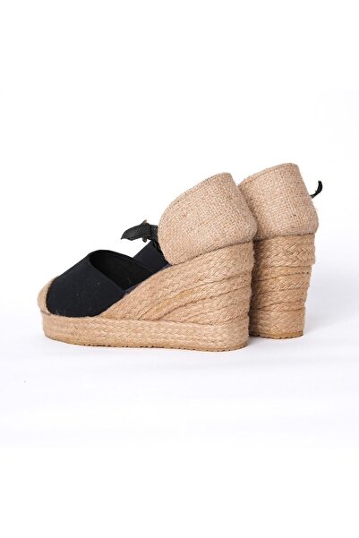 Star Tombis Black Linen Straw Espadrille - Real Handmade Platform Toe Wedge Heel Handmade