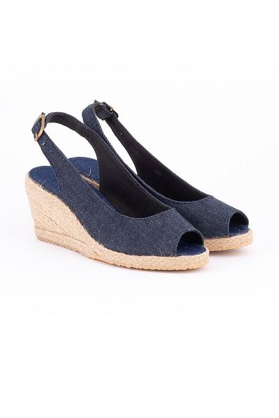 Star Tombis Espadrile din paie de in albastru - Toc pană cu bandă din spate, lucrată manual