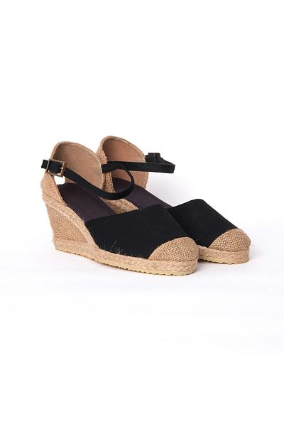 Star Tombis Black Linen Espadrille - Wedge Heel, Ankle Strap, Handmade