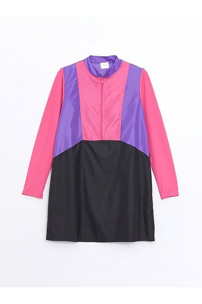 LC Waikiki Color Blocked Stand Collar Long Sleeve Hijab Swimsuit Top