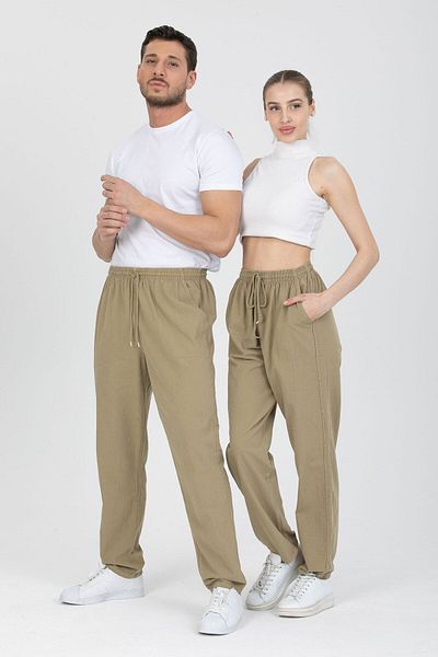 LECH STORE Unisex Thin Summer Elastic Waist Corded Linen 100% Fabric Trousers