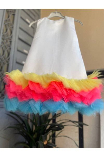Sare Çocuk Giyim Premium White - Girl's Party Dress with Colorful Tutu Detail