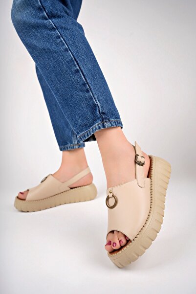 Deripabuc Beige Genuine Leather Women's Sandals - DP-3005