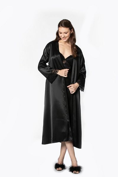 Pierre Cardin Set cămașă de noapte și halat de toaletă din dantelă din satin - 4370