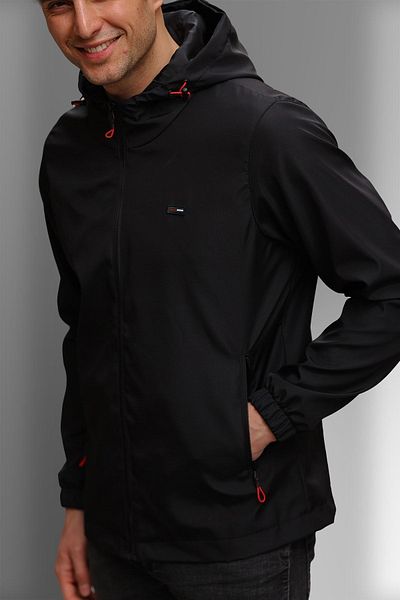 QAWWA Men's Black Lined Windproof Hooded Sports Raincoat with Pockets