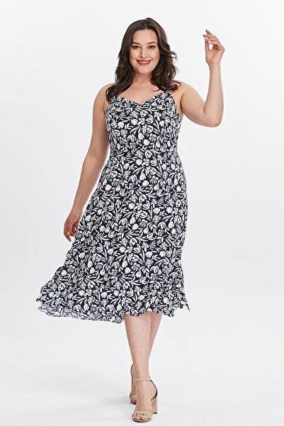 My ELİF Tekstil Women's Navy Blue Floral Print Woven Dress