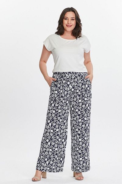 My ELİF Tekstil Women's Navy Blue Floral Print Draped Woven Pants