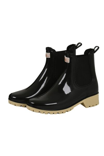 Tkees Women's Black Cream Stylish Waterproof Rain Boots