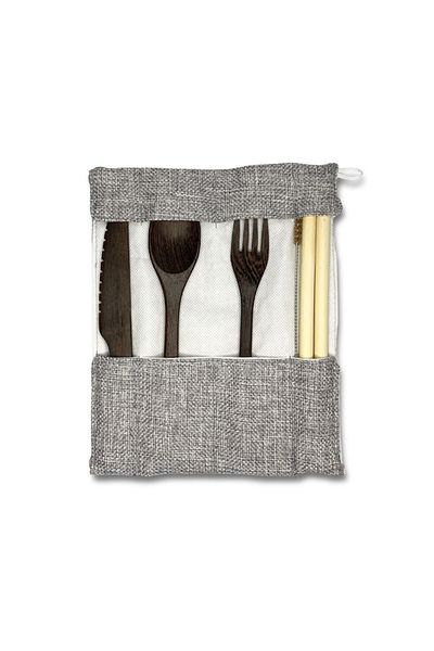 Coconut Products Wooden Ebony Fork, Knife, Spoon and 2-Piece Bamboo Straw Set