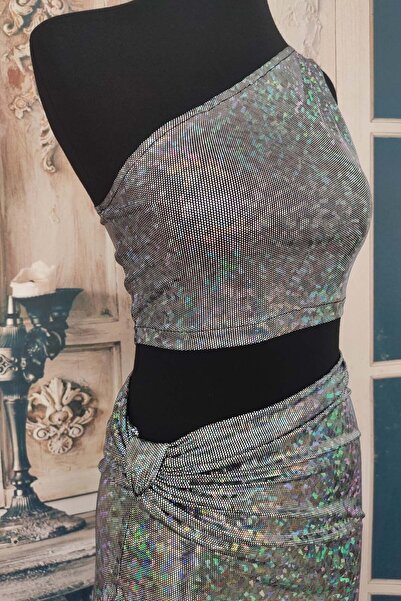 Due Stelle Hologram Deep Slit Skirt Single Shoulder Crop Blouse Top and Bottom Set