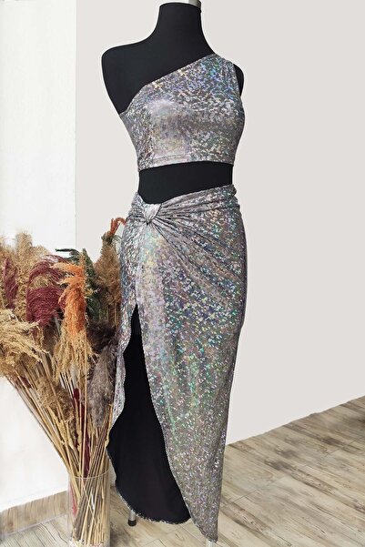 Due Stelle Hologram Deep Slit Skirt Single Shoulder Crop Blouse Top and Bottom Set