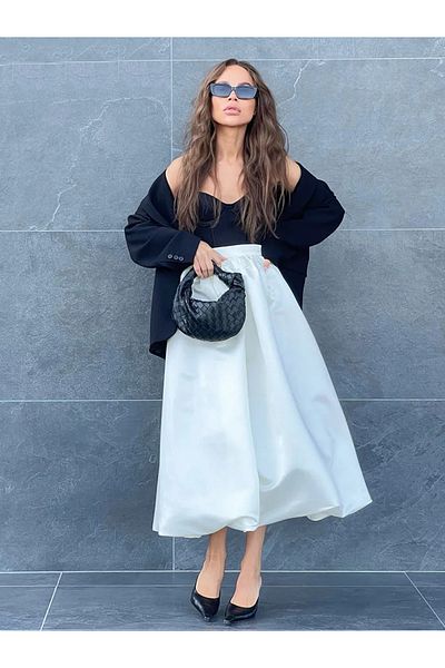 NALINCI White Satin Midi - Off-White Balloon Skirt Balloon Skirt