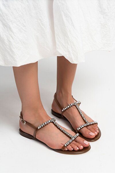 NİŞANTAŞI SHOES Vídeň - Dámské sandály na kotníkové krajkové ploché podrážce v barvě Stone Detailed Earth Color