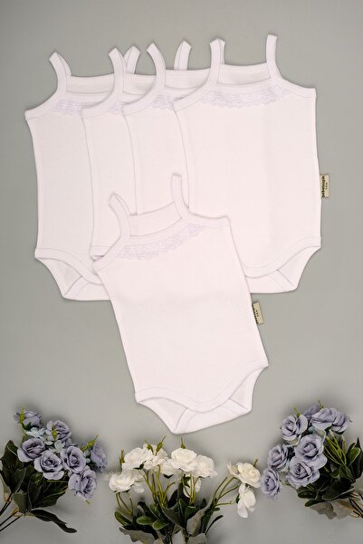 bebetospik 5 Pack Snap Bodysuit with Rope Strap and Cotton Lace Detail