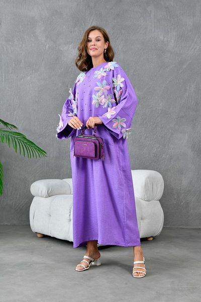 Miss Allos Stone Detailed Tulle Floral Patterned Linen Women's Dress