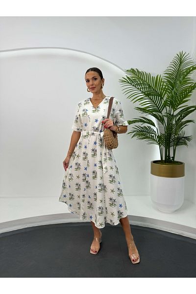 Elif Özbey Butik Φόρεμα από λινό - μοτίβο φοίνικα και ζωσμένο
