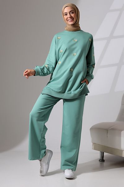 Mihran Butik Mint Green Γυναικείο Αθλητικό και Άνετο Σετ Hijab - Χτενισμένο Βαμβακερό Εποχιακό