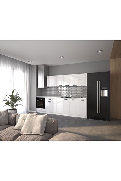 visasconcept 280cm Zambak Hazır Mutfak Dolabı Parlak Hıgh-gloss Cam Kapaklı B...