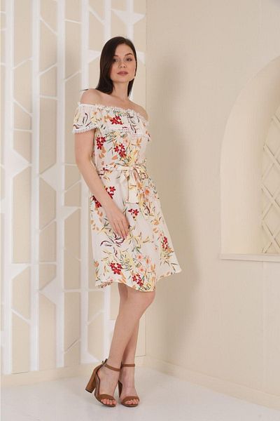 asur boutique Γυναικείο φόρεμα με φλοράλ στάμπα με λεπτομέρεια σε κρεμ χρώμα