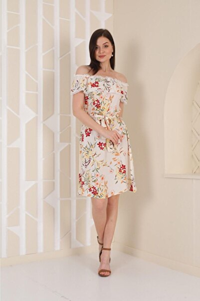 asur boutique Γυναικείο φόρεμα με φλοράλ στάμπα με λεπτομέρεια σε κρεμ χρώμα