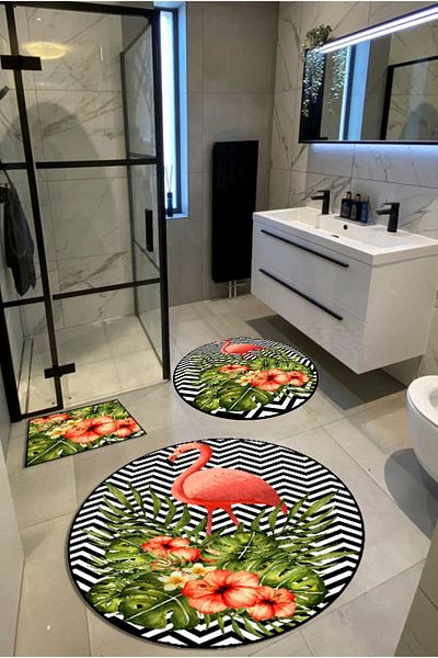 Ardizayn Flamingo - Βαμβακερή υφαντή βάση στρογγυλό χαλί μπάνιου (100X100-60X60-40X60 CM ΣΕΤ 3)