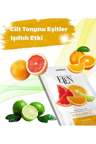 ELEN COSMETİCS Face Mask Vitamin C 25 gr Paper Mask Even Skin Tone Radiant Effect Optimal Moisture