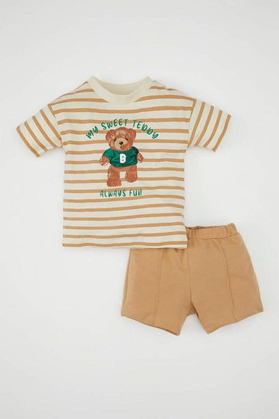 DeFacto Striped Combed Cotton T-Shirt and Shorts for Baby Boy - Set of 2