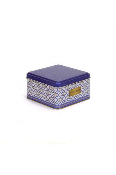 EVLE Ef026-a9 Turkish White Blue_swt Home Patterned Square Metal Storage Container 16x16 Cm