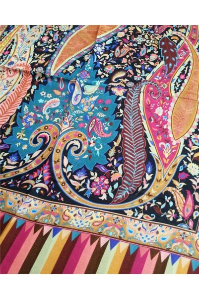 ByEnBi Indian Patterned Shawl Black Beige Green 100% Viscon 70x190 Cm