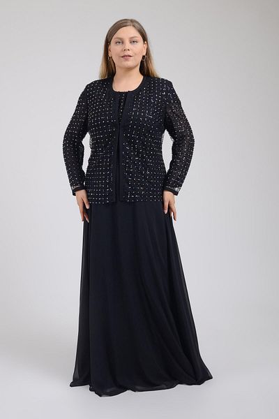 SpringStore بدلة فستان مطرزة بالحجر الأسود مقاس كبير