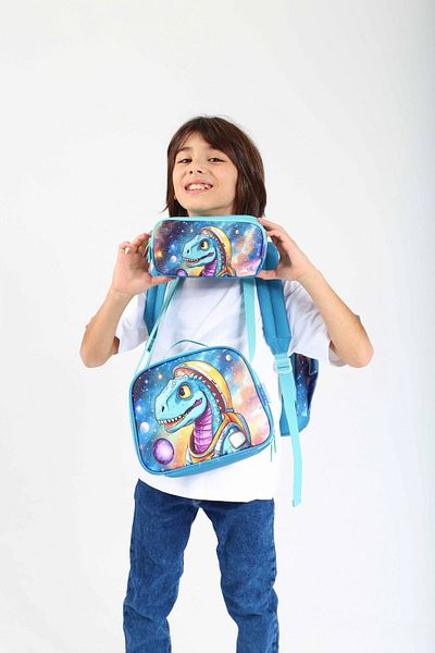 KAUKKO Turquoise Dinosaur Triple School Bag Set for Boy