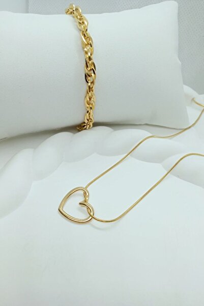 Elasya Jewels Kalp Kolye -İnce Hallow Çelik Bileklik Seti